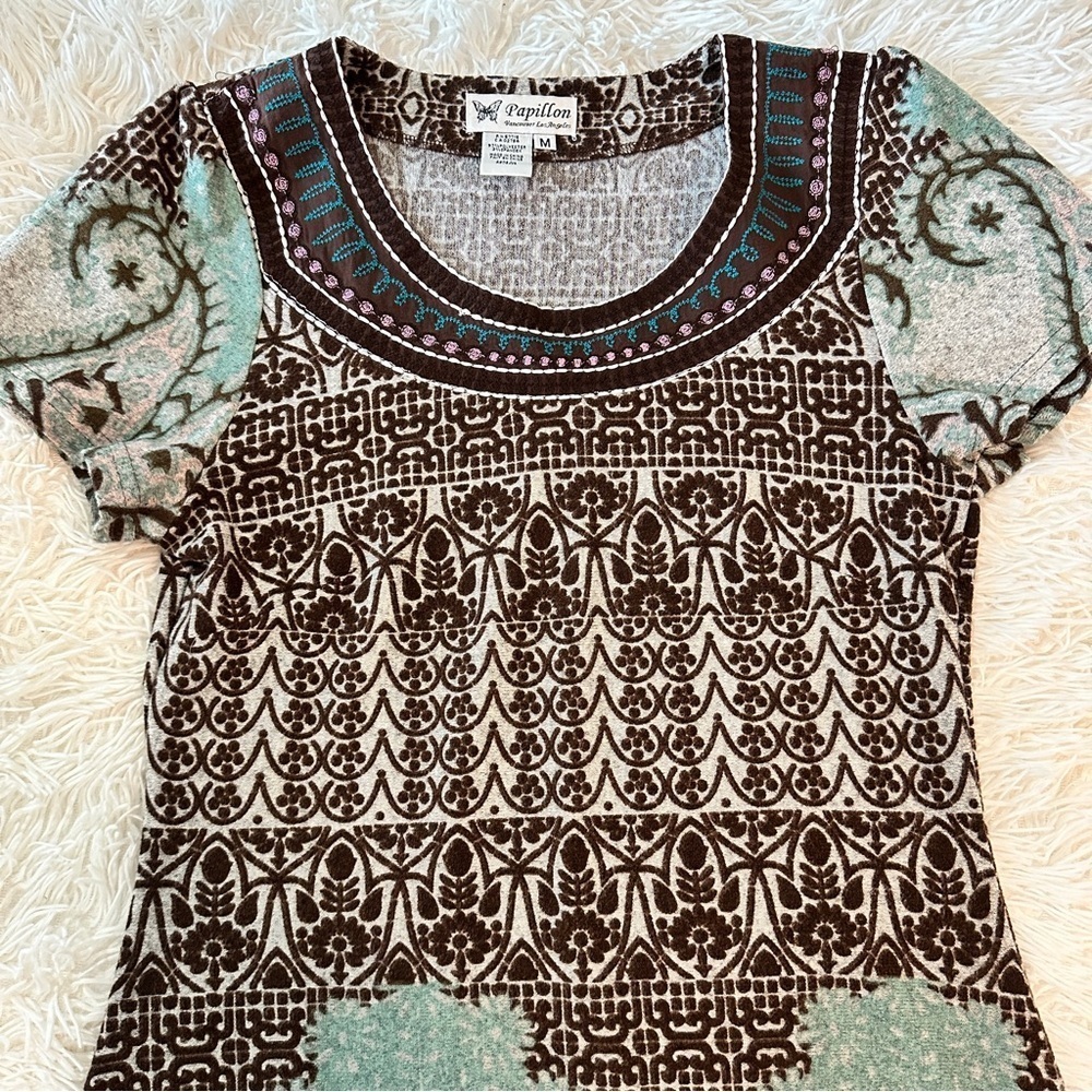 Papillon Boho Paisley Knit Brown Teal Floral Sweater Dress Eclectic Grandpa M - Picture 12 of 16